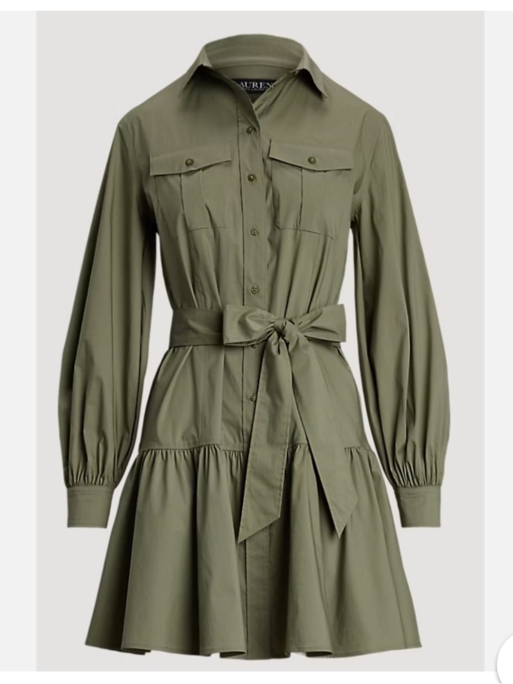 Lauren Ralph Lauren Olive Green Long-Sleeve Belted Shirtdress